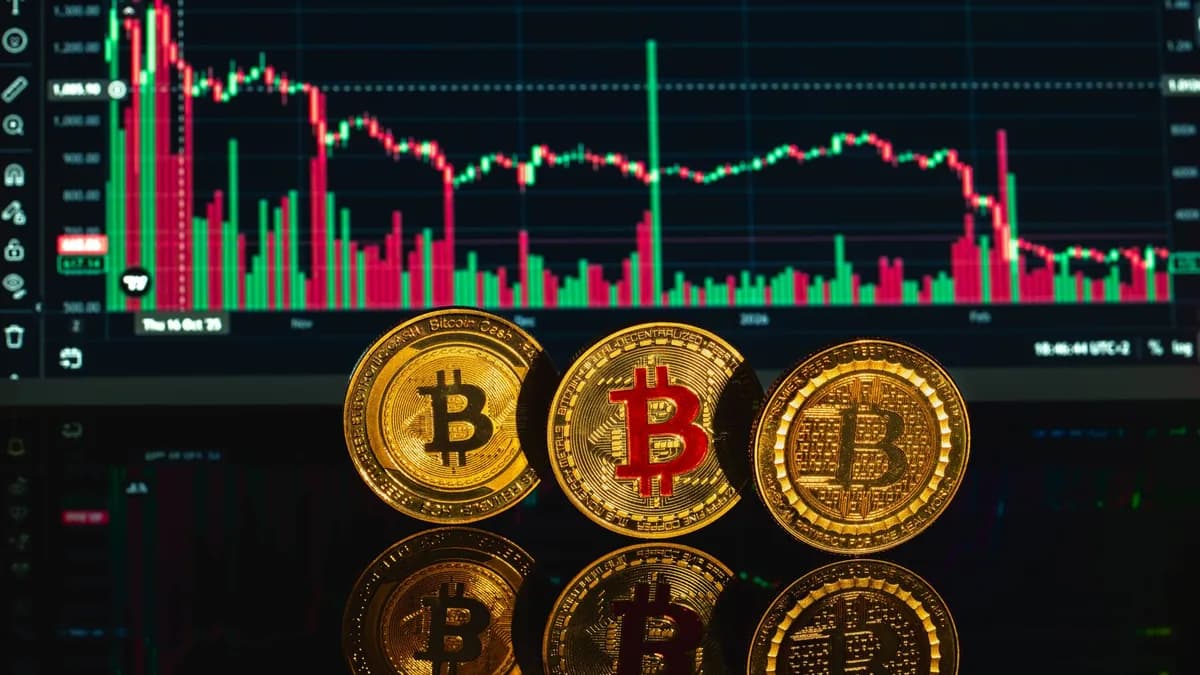 Bitcoin coins with financial market chart in the background illustrating cryptocurrency volatility.