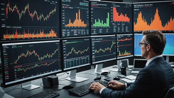 Cinematic wide-angle of stock charts visualizing volatile market conditions and short interest pressure, with modern editorial style.