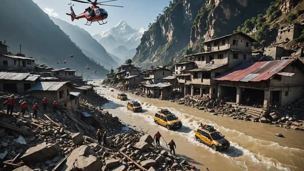 Rescue team in Himalayan flood zone with helicopter, map highlighting Nepal-China region, cinematic lighting.