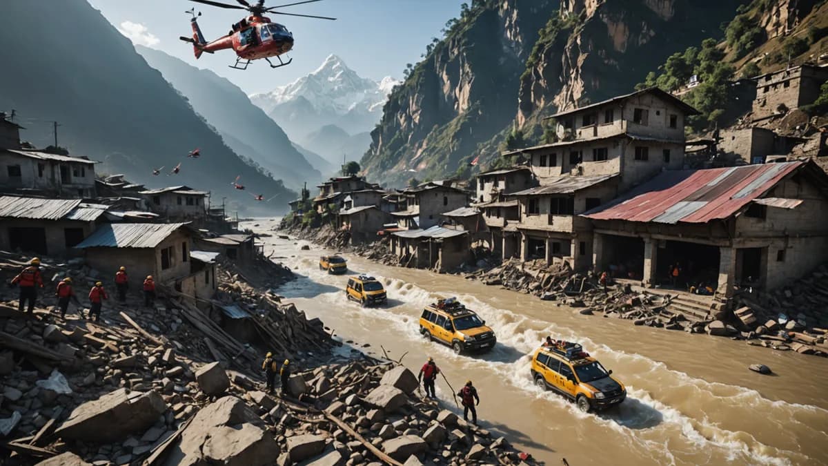 Rescue team in Himalayan flood zone with helicopter, map highlighting Nepal-China region, cinematic lighting.