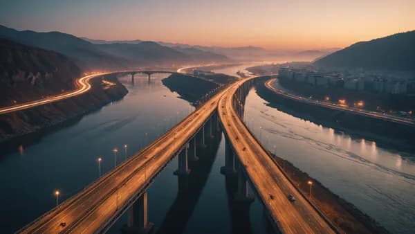 Modern bridge connecting Russia and North Korea at dusk, symbolizing new strategic corridor.