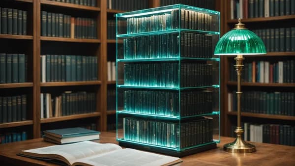 Editorial image showing a classic news archive being intersected by a radiant AI data stream in a sleek tech environment.