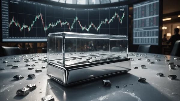 Metaphorical visual of a silver bar trapped under a dome with frozen market charts, awaiting economic data release.