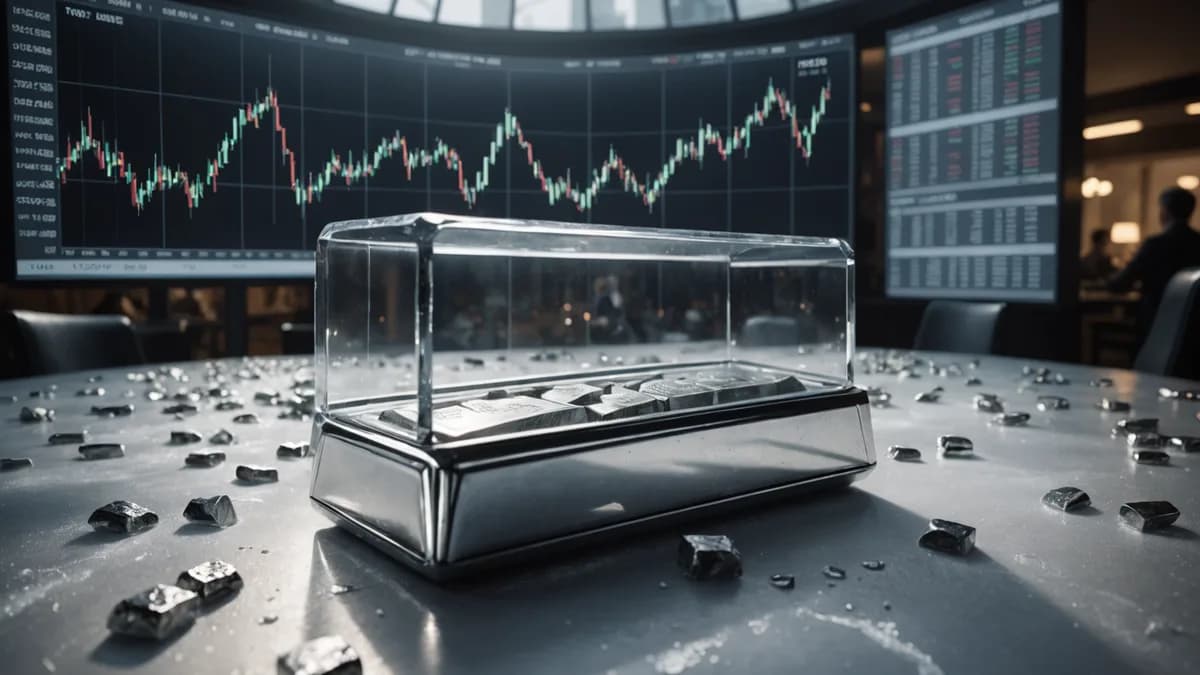 Metaphorical visual of a silver bar trapped under a dome with frozen market charts, awaiting economic data release.