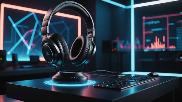 A professional shot of modern headphones under dramatic light in a futuristic sound lab with holographic soundwaves.
