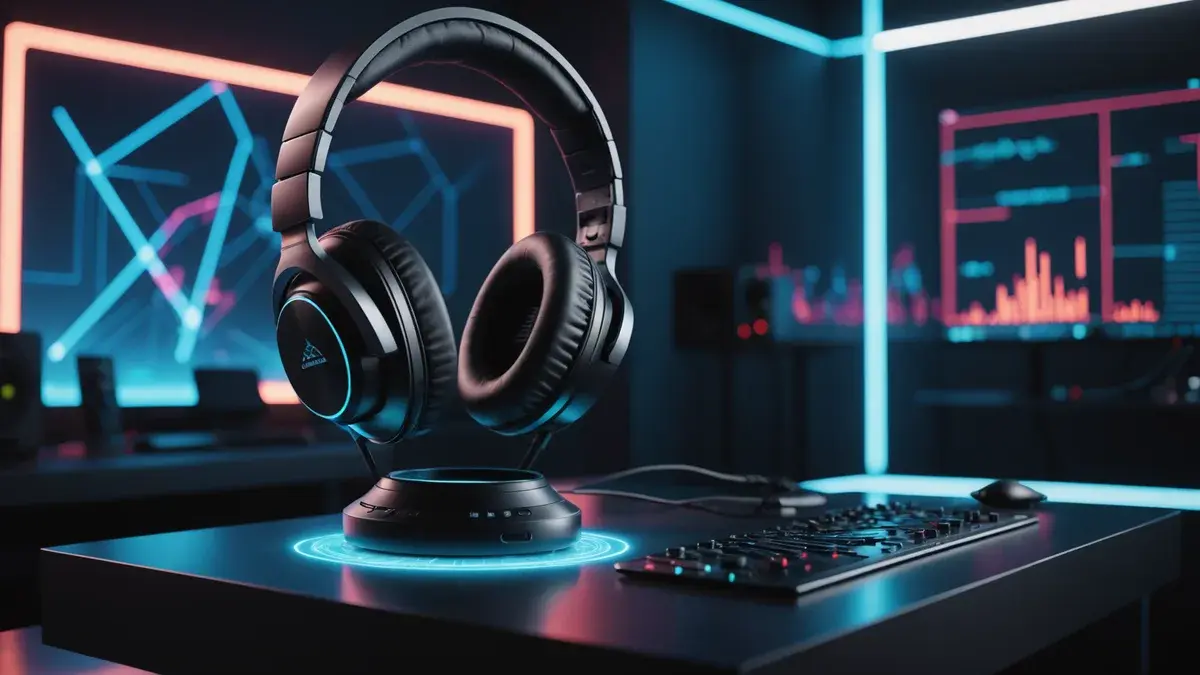 A professional shot of modern headphones under dramatic light in a futuristic sound lab with holographic soundwaves.
