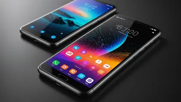 Sleek TCL smartphone displays dual OLED and monochrome e-reader modes on an innovative tech surface with holographic circuit overlays.