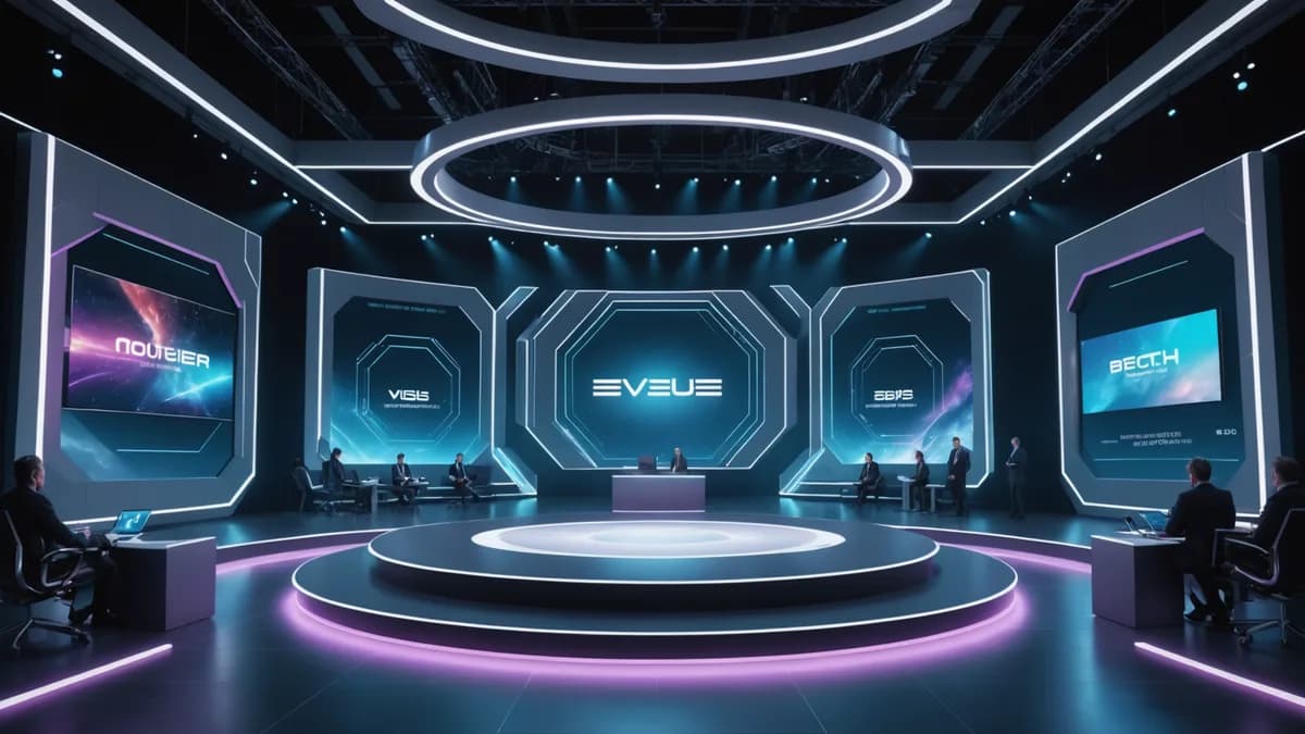A futuristic tech event hall with glowing podiums and holographic displays, set for a major conference announcement.