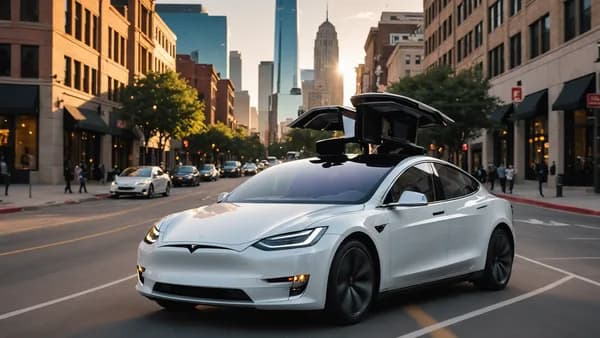 A cutting-edge, steering-wheel-less Tesla Cybercab robotaxi driving autonomously through a futuristic Austin city