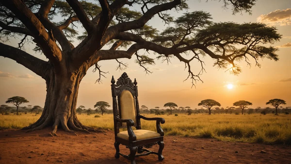 Symbolic split in a royal throne under a tree in Uganda, representing succession crisis, with cinematic lighting.