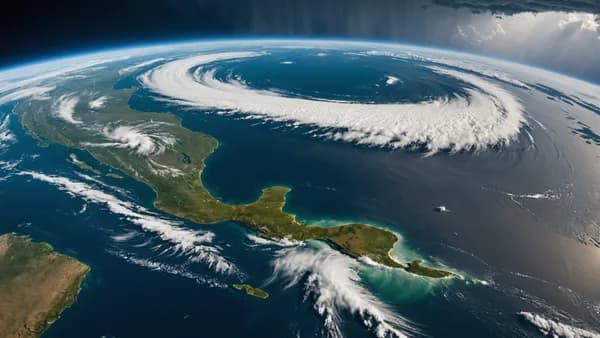 A cinematic, wide-angle view of Earth from space, showing Tropical Storm Edouard forming over the Gulf of Mexico near Texas and Louisiana.