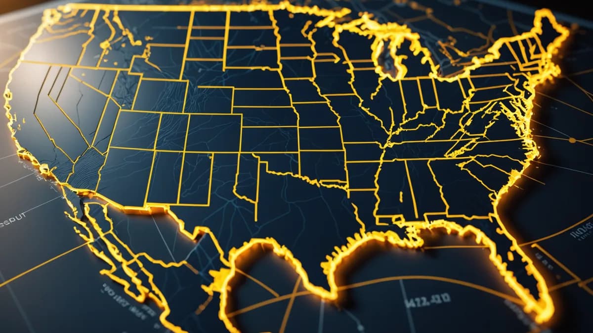 Overhead view of glowing financial streams connecting across a map of the United States on a global landscape.