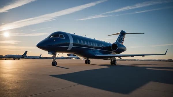 Silhouetted American flag overshadowing a Bombardier jet on a North American map, symbolizing trade tensions.