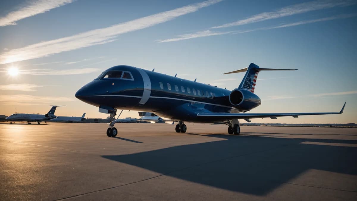 Silhouetted American flag overshadowing a Bombardier jet on a North American map, symbolizing trade tensions.