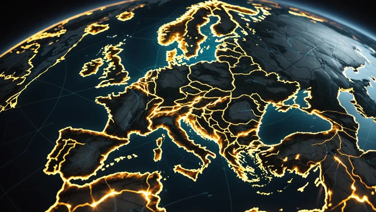 Dramatic view of a world map highlighting Europe with light trails connecting Moscow and Kyiv.