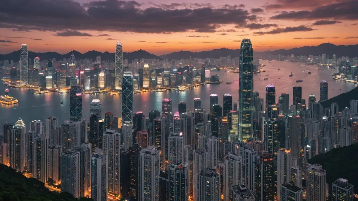 Hong Kong skyline at dusk, blending traditional and modern architecture, symbolizing transition and historical significance.