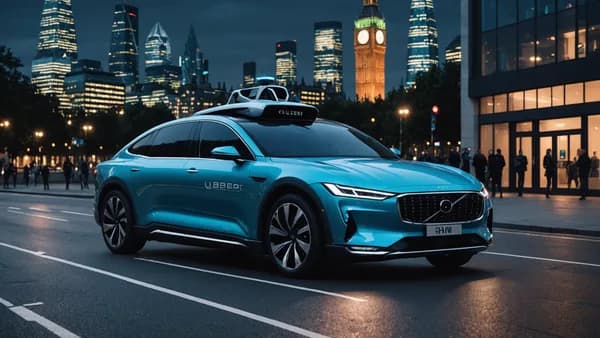 Autonomous Uber robotaxi on London streets at night, surrounded by futuristic tech interfaces and glowing neural networks.
