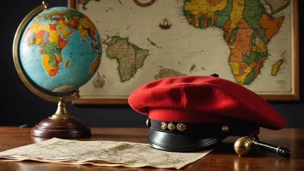 A military beret rests on a desk before a globe and map of Africa, symbolizing Uganda's international withdrawal.