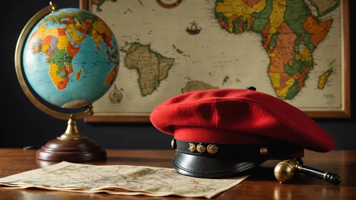 A military beret rests on a desk before a globe and map of Africa, symbolizing Uganda's international withdrawal.