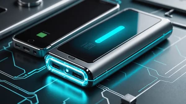 Photorealistic close-up of a transparent power bank showing blue liquid flowing through its internal cooling system on a modern tech desk.