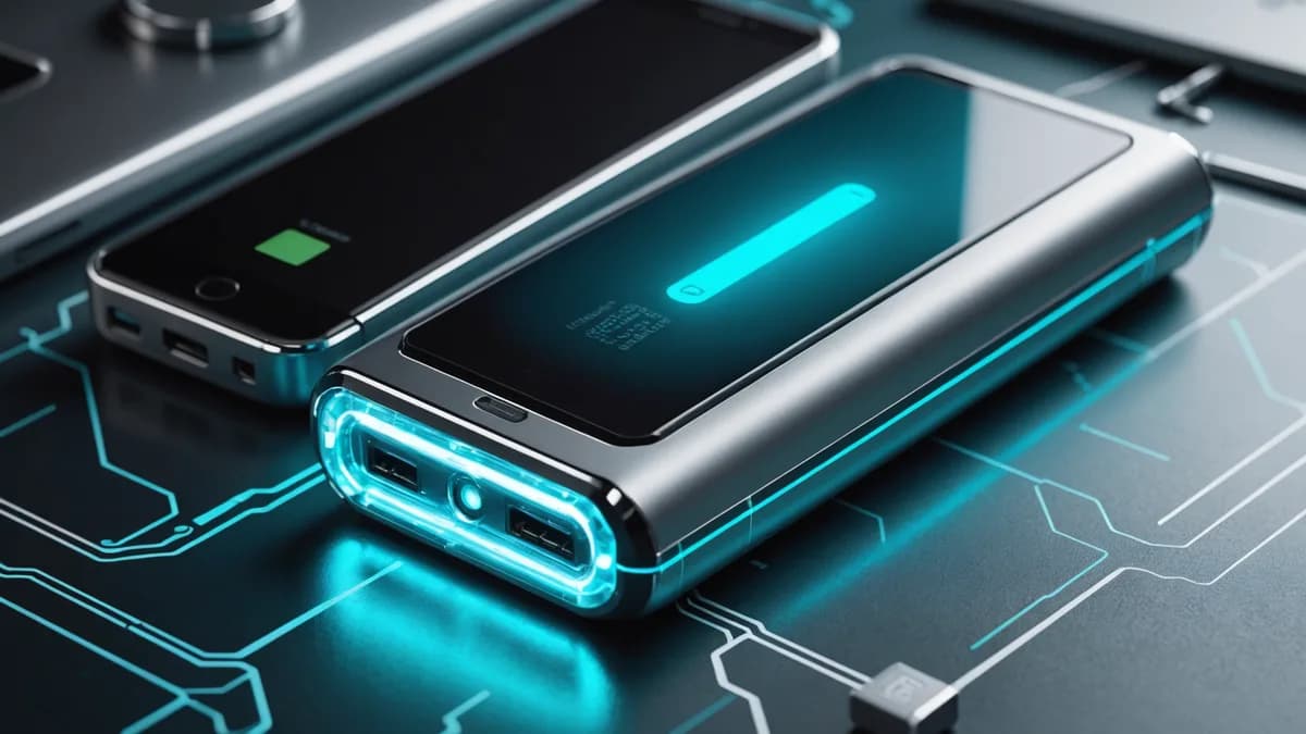 Photorealistic close-up of a transparent power bank showing blue liquid flowing through its internal cooling system on a modern tech desk.