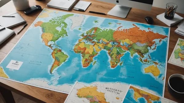 A global collection of world maps with different projections on a modern desk under dramatic lighting.