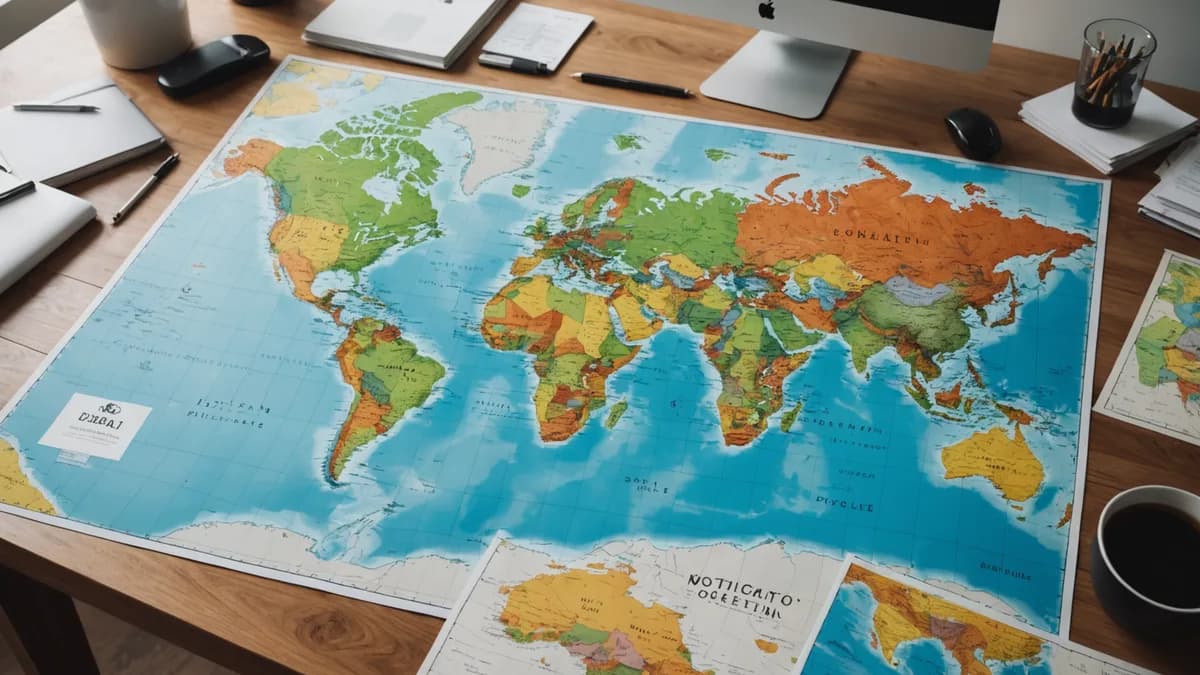 A global collection of world maps with different projections on a modern desk under dramatic lighting.
