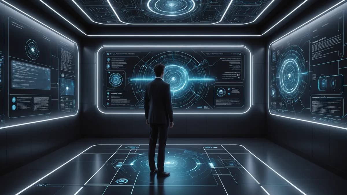 Futuristic innovation hub visualizing autonomous AI agents and secure audit trails with holographic neural networks and data streams.