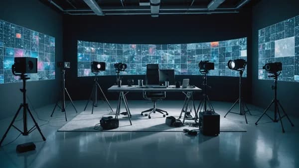 Abandoned creator gear in a futuristic studio, with holographic AI networks, symbolizing neglected responsibilities in digital content creation.
