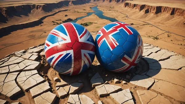 Symbolic globe divided by sanctions, UK and Middle Eastern landscapes under tension with ethereal trade barriers.