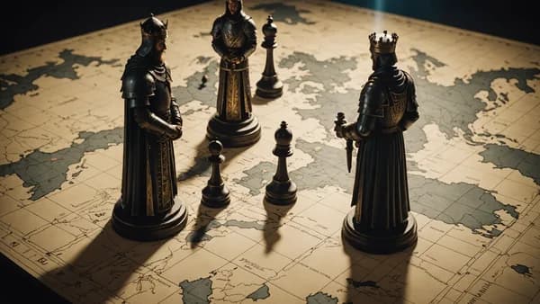 A cinematic shot of chess pieces on a world map, separated by a fissure, symbolizing unresolved geopolitical divides in peace talks.