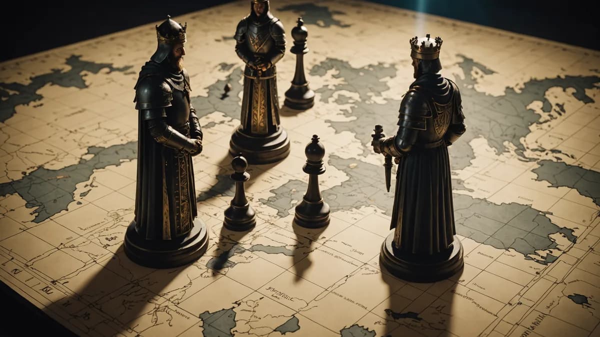 A cinematic shot of chess pieces on a world map, separated by a fissure, symbolizing unresolved geopolitical divides in peace talks.