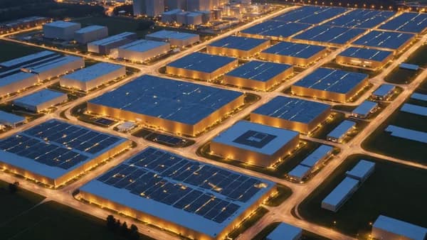 Photorealistic data center complex at sunset with holographic global internet flow map overlay, illustrating global connectivity impact.