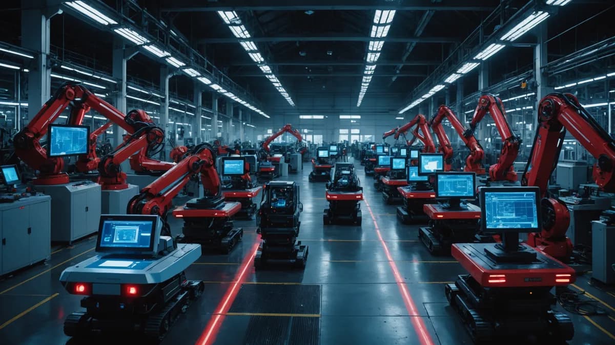 Futuristic automotive factory in transition, robotic assembly halted with holographic Chinese dragon overlays.